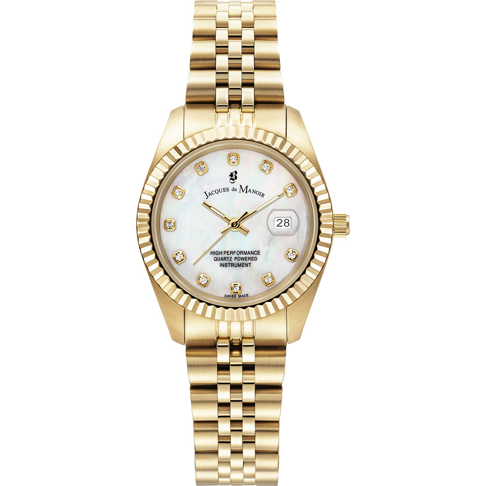 Reloj de 31 mm con caja dorada, esfera de madreperla y brazalete de eslabones dorados.