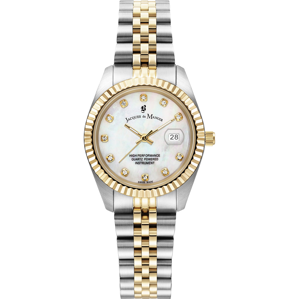 Reloj de acero inoxidable bicolor con esfera blanca y detalles en oro, índices brillantes y fecha.