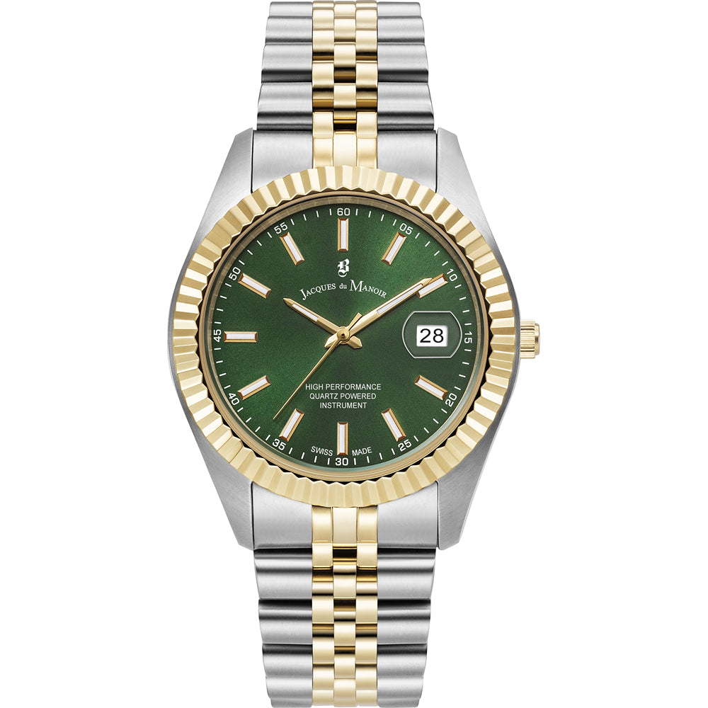 Reloj con caja plateada y dorada, esfera verde, correa de acero con eslabones.