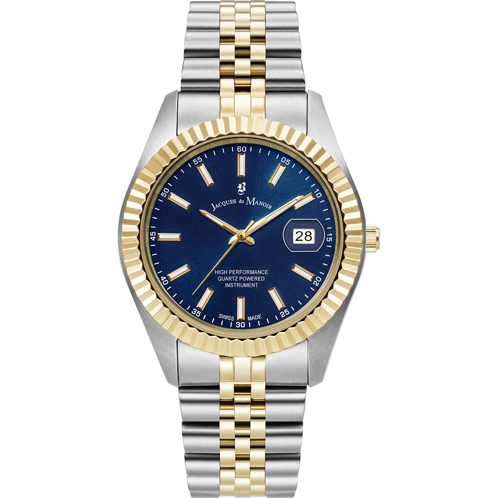 Reloj de acero inoxidable con esfera azul, bisel dorado y pulsera de eslabones bicolor.