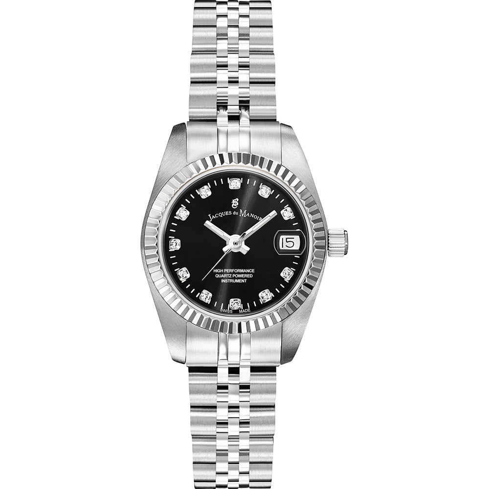 Reloj de acero inoxidable con esfera negra y correa de eslabones, detalles en plata.