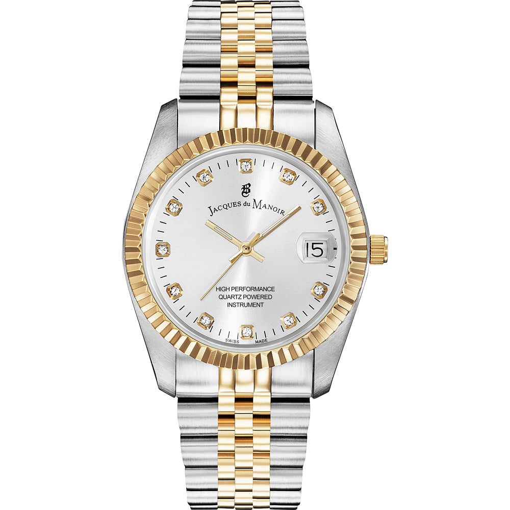 Reloj de acero inoxidable con esfera plateada, bisel dorado y detalles de diamantes.