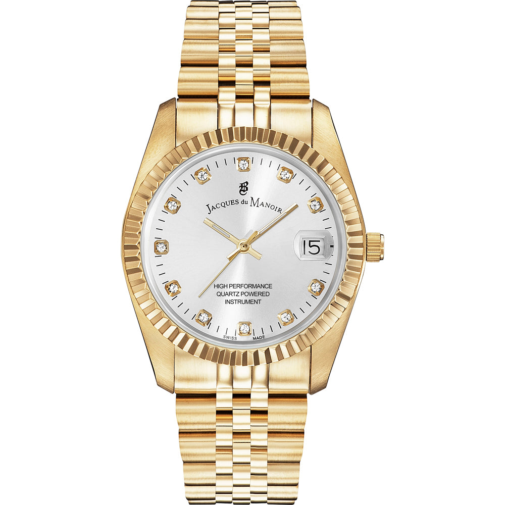 Reloj dorado con esfera plateada y detalles de diamantes, correa de eslabones.