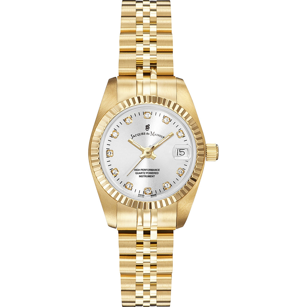 Reloj de acero dorado con esfera plateada y diamantes, correa de eslabones.