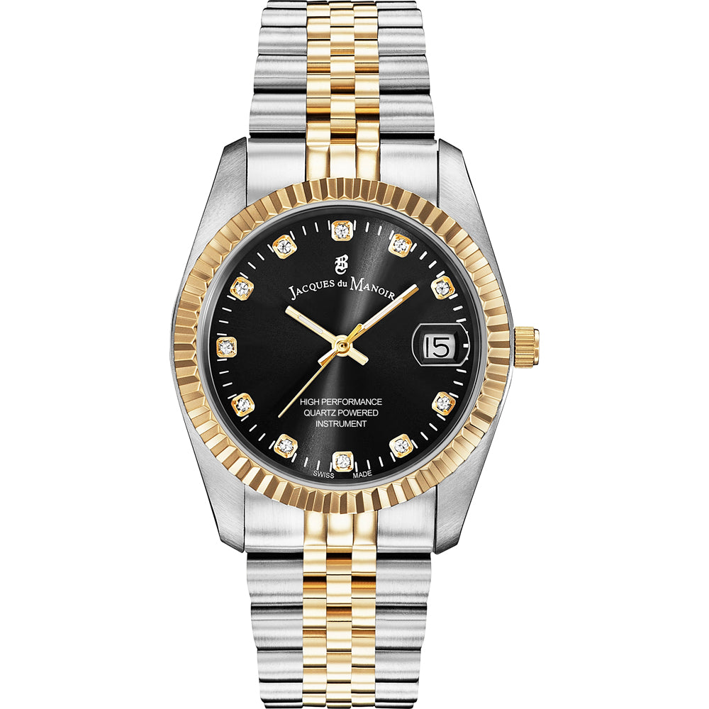 Reloj con esfera negra, caja bicolor de acero y oro, y brazalete de eslabones.