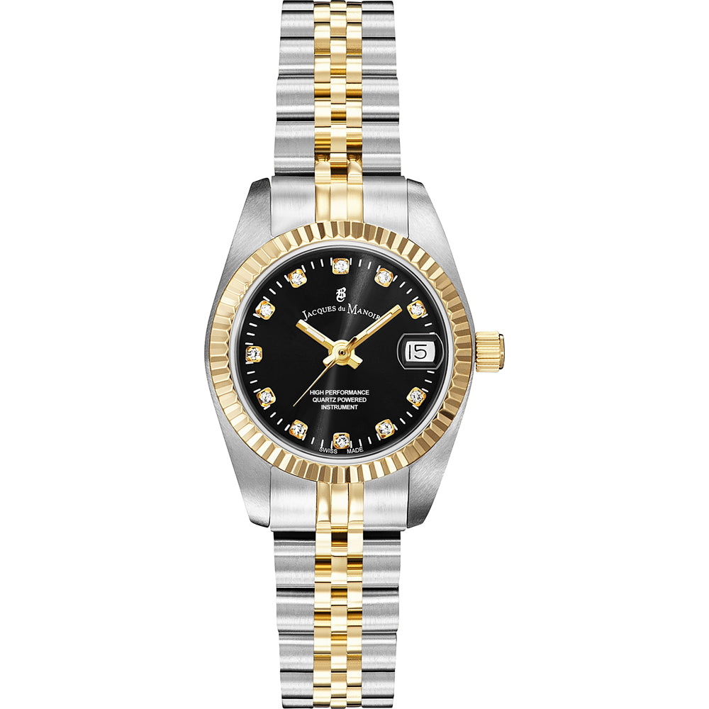 Reloj con caja bicolor, dorada y plateada, esfera negra con diamantes y correa de eslabones.