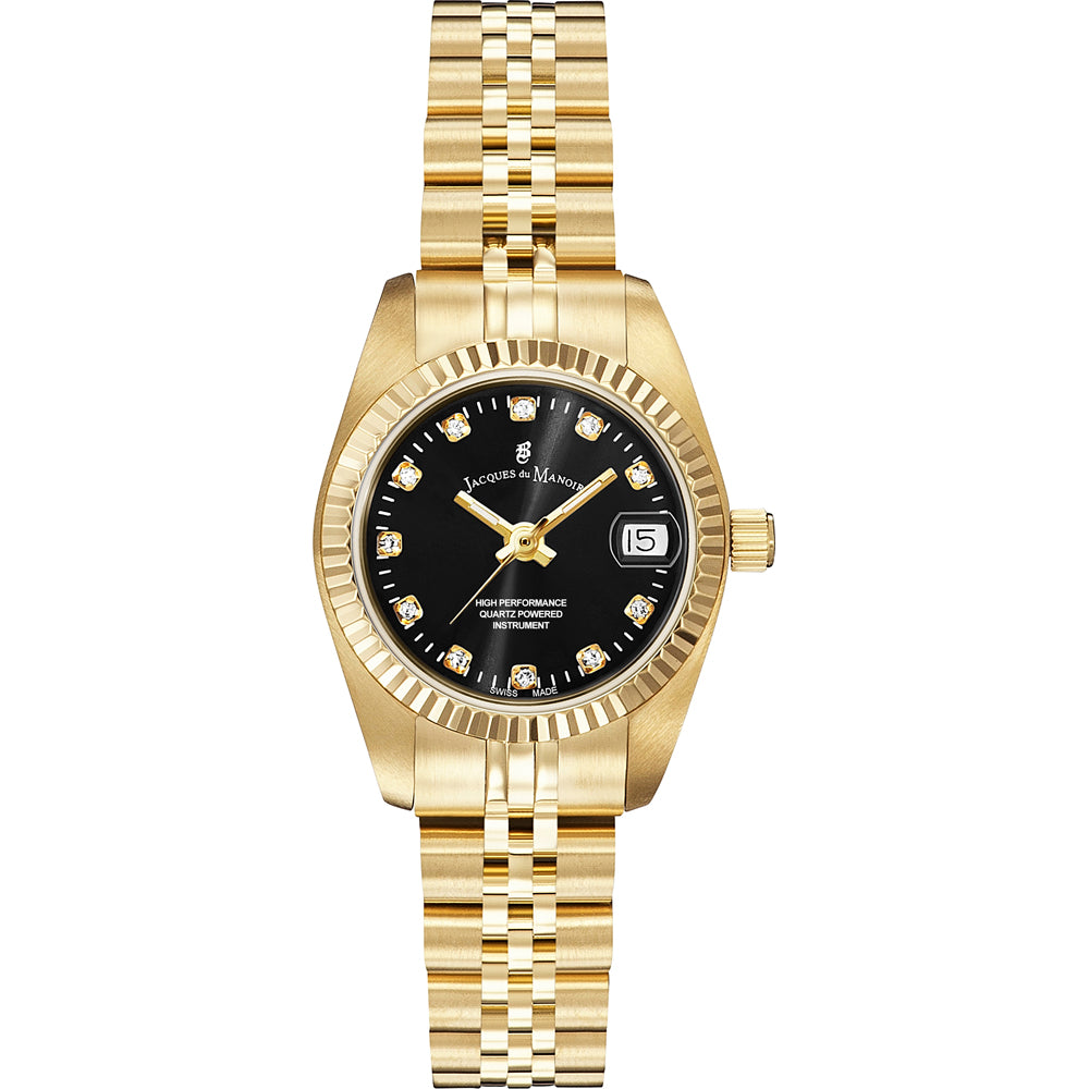 Reloj dorado con esfera negra, bisel estriado y detalles brillantes en la caja.