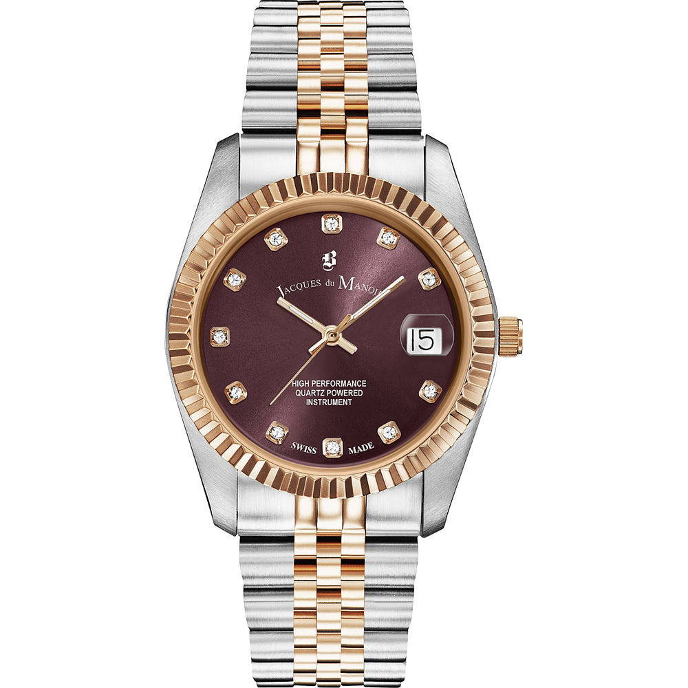 Reloj con esfera marrón, caja bicolor de acero y oro rosa, y brazalete de eslabones.