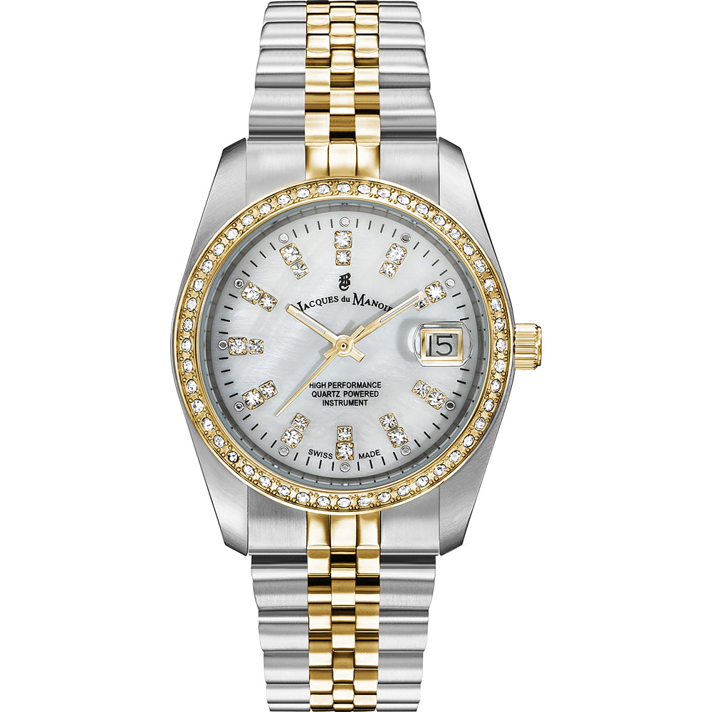 Reloj de acero inoxidable bicolor con esfera madreperla y cristales brillantes.