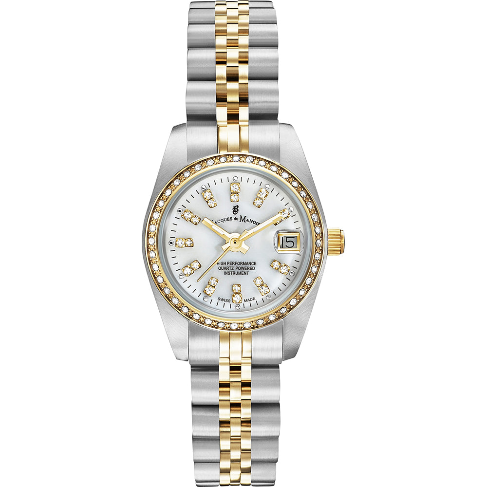 Reloj de acero inoxidable con detalles en oro, esfera blanca y bisel con cristales.