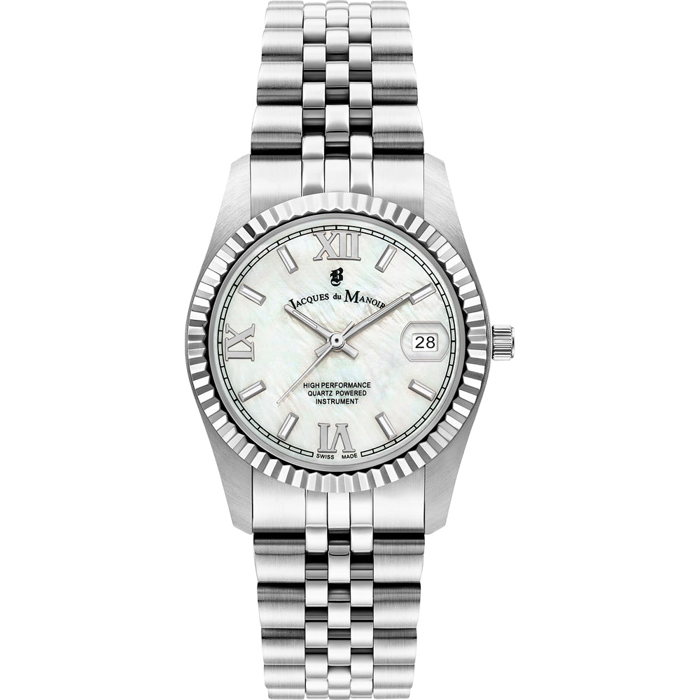 Reloj de acero inoxidable con esfera blanca y números romanos, correa de eslabones.