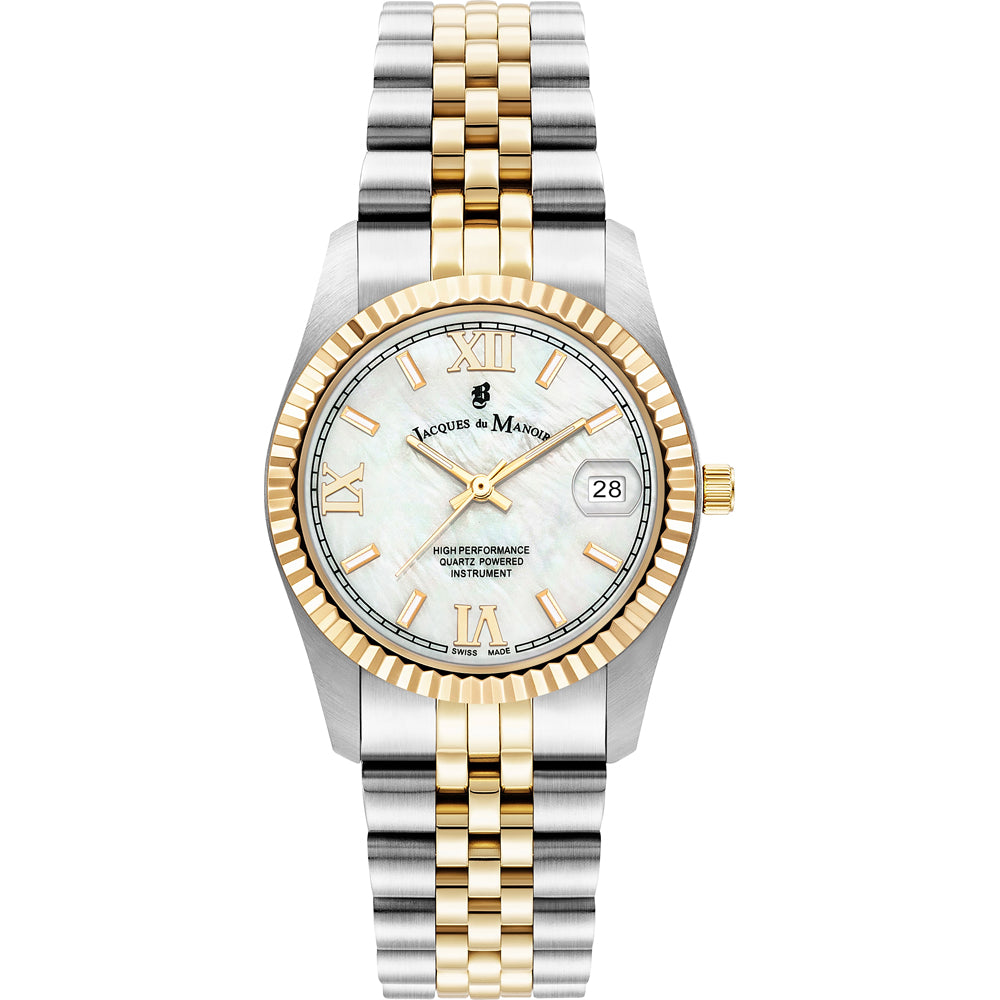 Reloj de acero inoxidable bicolor con esfera blanca y detalles dorados, números romanos y fecha.