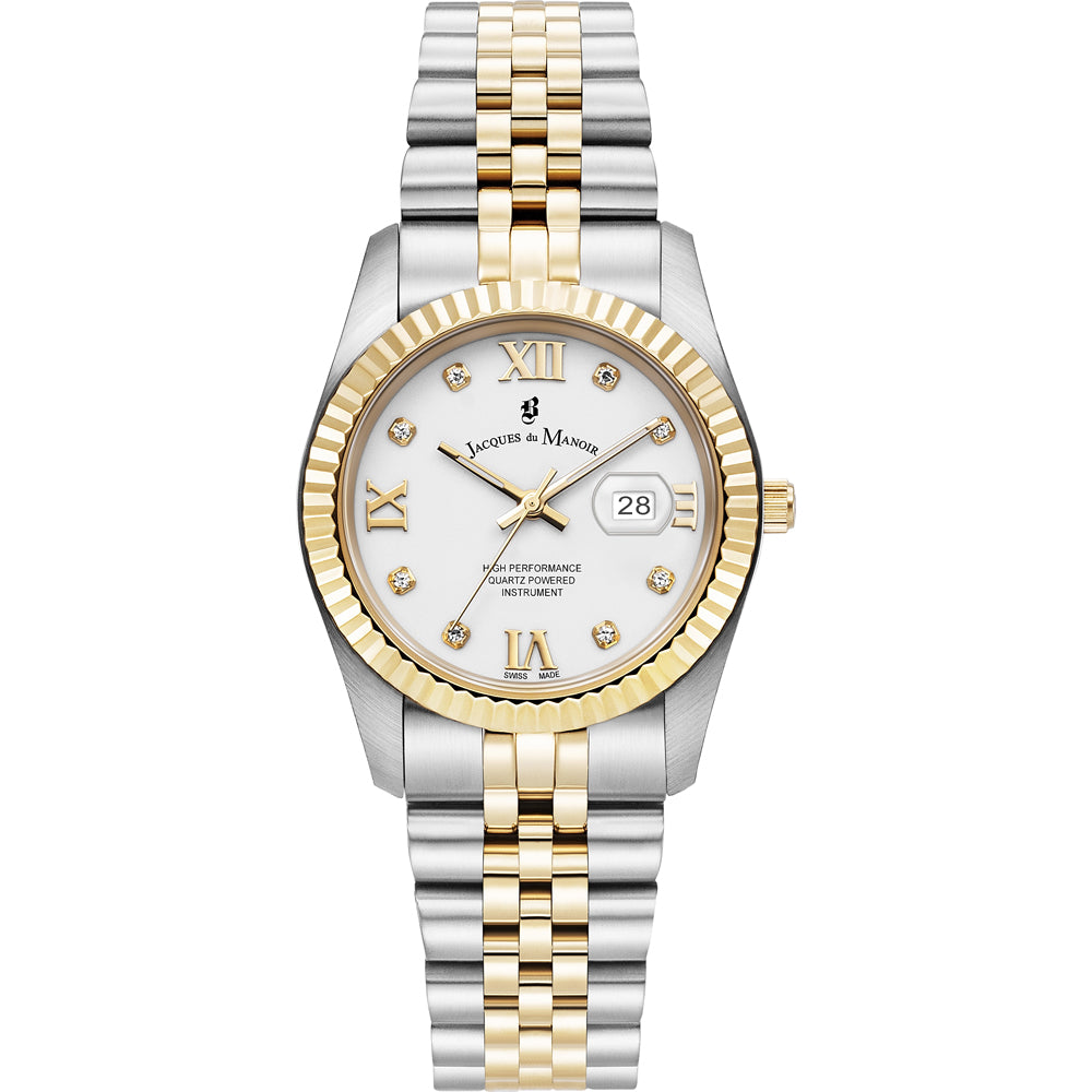 Reloj bicolor con esfera blanca, números romanos dorados y detalles de diamantes.