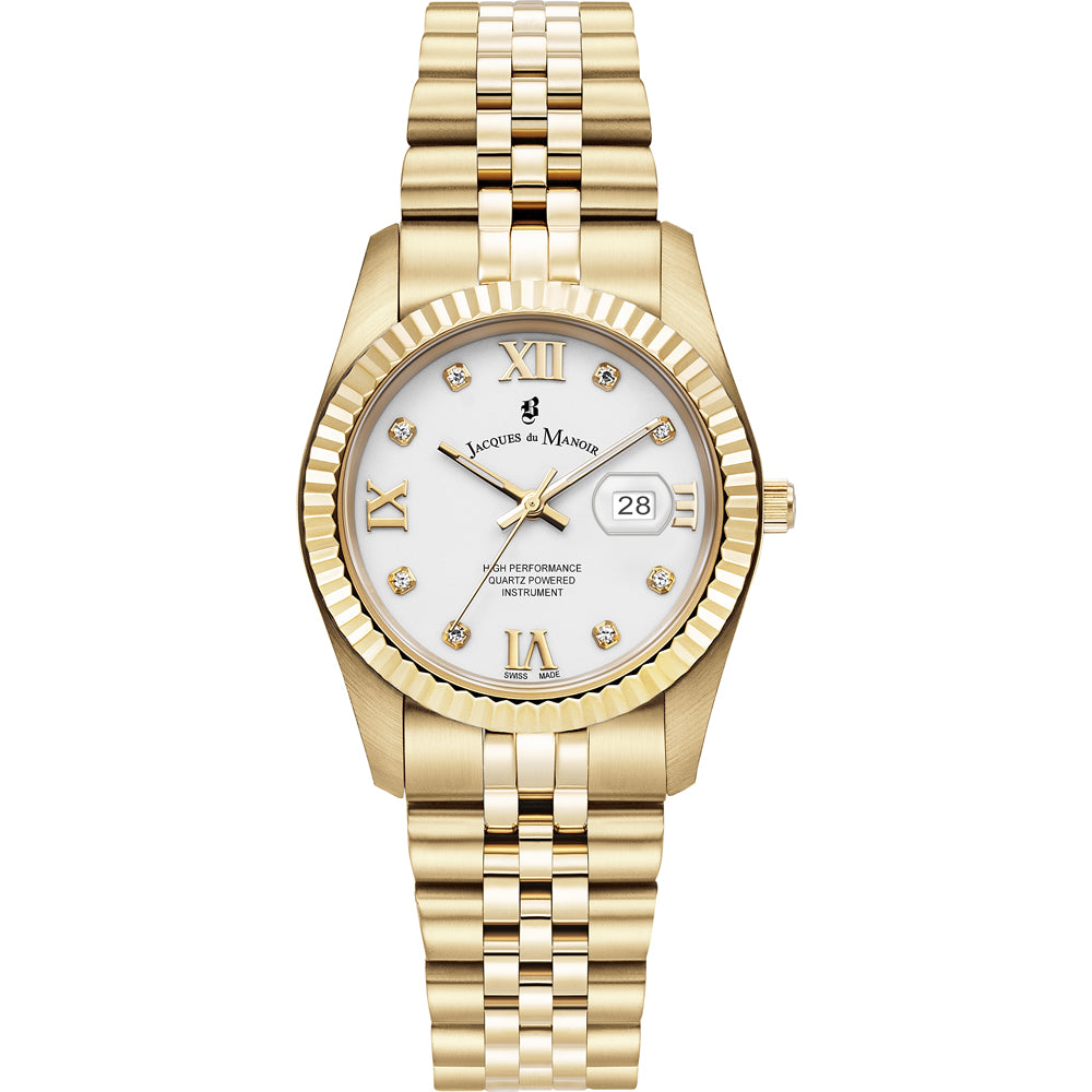 Reloj dorado con esfera blanca, números romanos y detalles de diamantes en la caja.