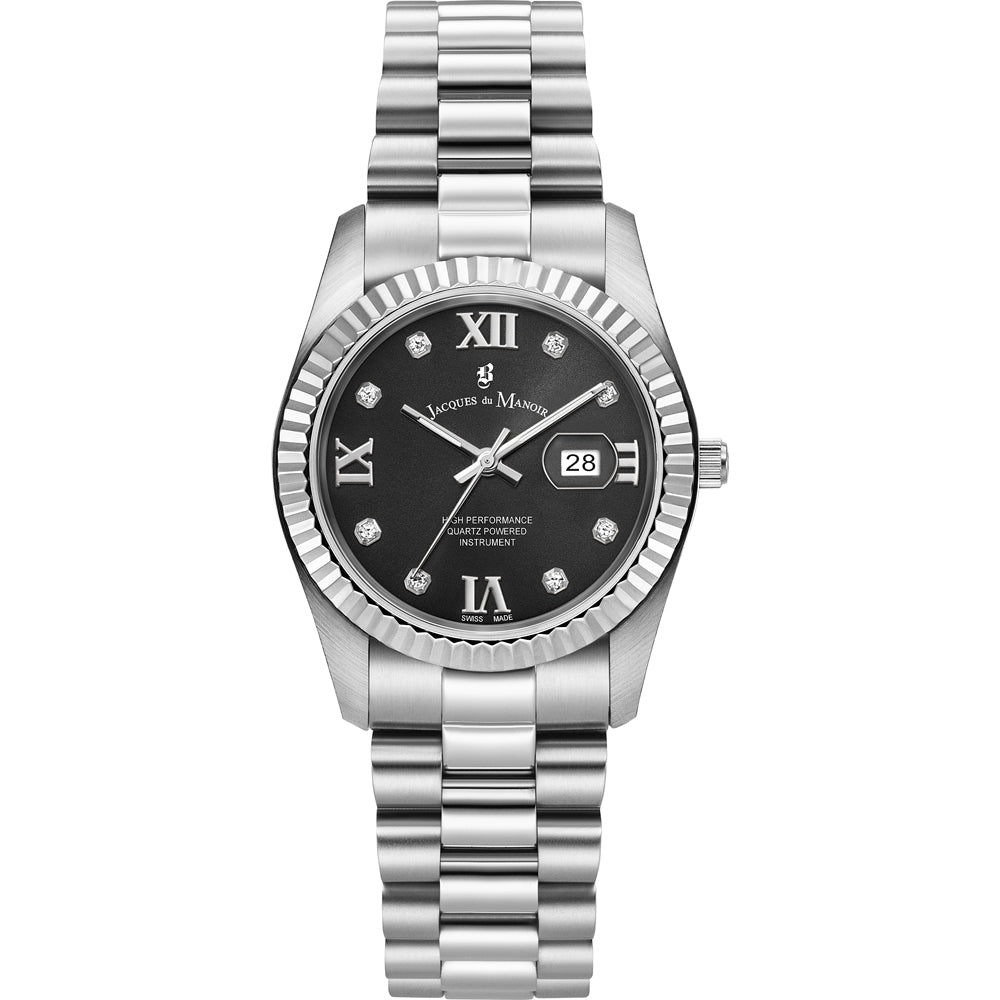 Reloj de acero inoxidable con esfera negra, números romanos y detalles de diamantes.