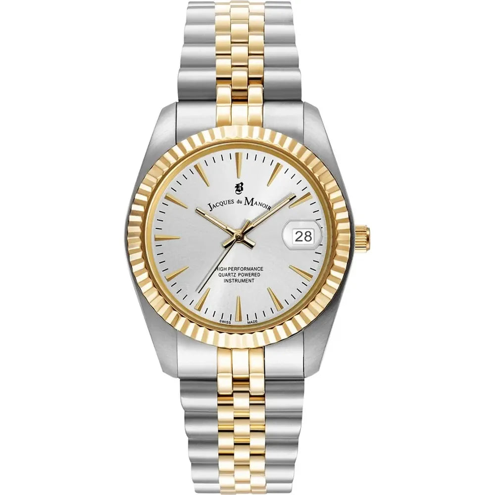 Reloj de acero inoxidable bicolor con esfera plateada y bisel dorado, con fecha.
