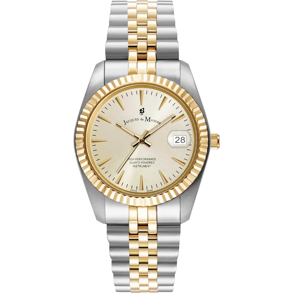 Reloj de acero inoxidable bicolor con esfera dorada y correa de eslabones.