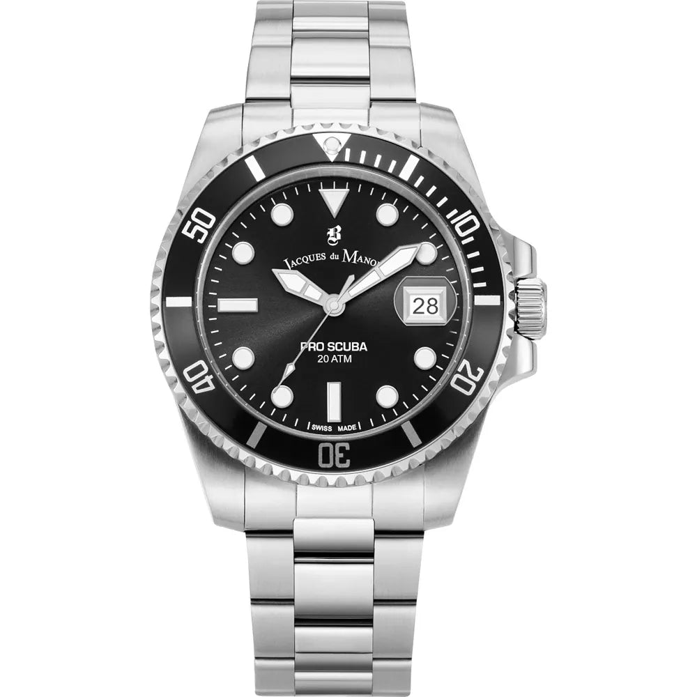 Reloj de buceo Pro Scuba con caja de acero inoxidable, esfera negra y correa de acero.
