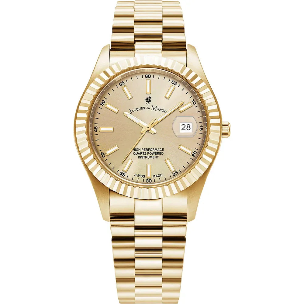 Reloj de esfera dorada con correa de acero inoxidable dorada y detalle de fecha.