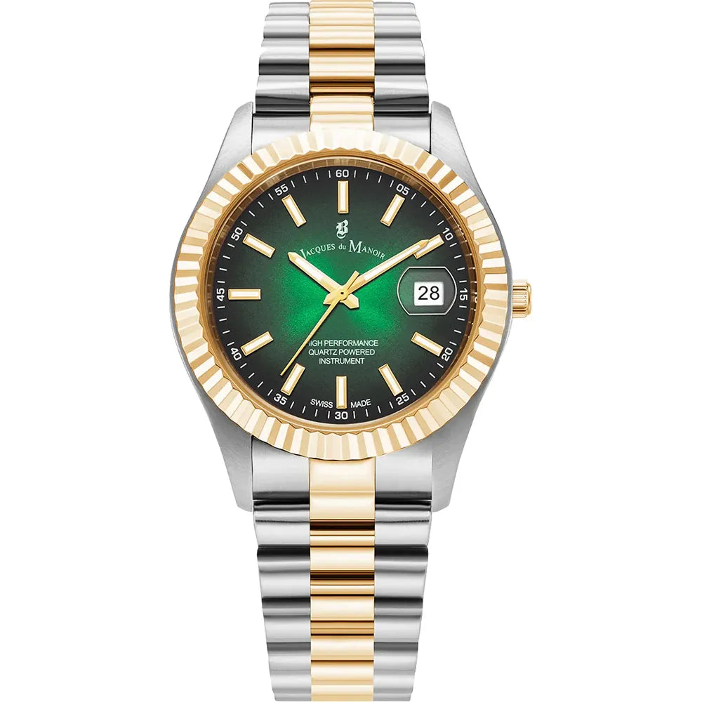 Reloj con caja bicolor, esfera verde, y correa de acero inoxidable con detalles dorados.