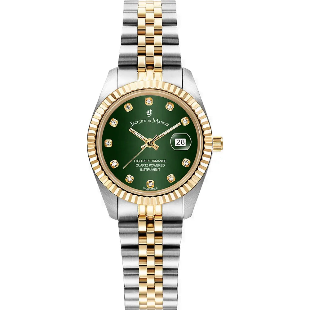 Reloj de 31 mm con esfera verde, bisel dorado y pulsera de acero inoxidable bicolor.