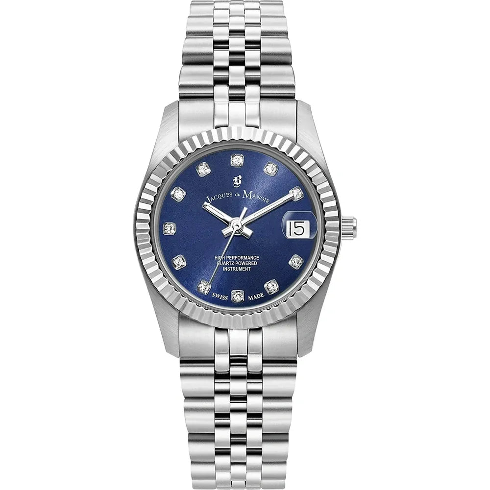 Reloj de esfera azul con diamantes, caja de acero inoxidable y correa de eslabones.