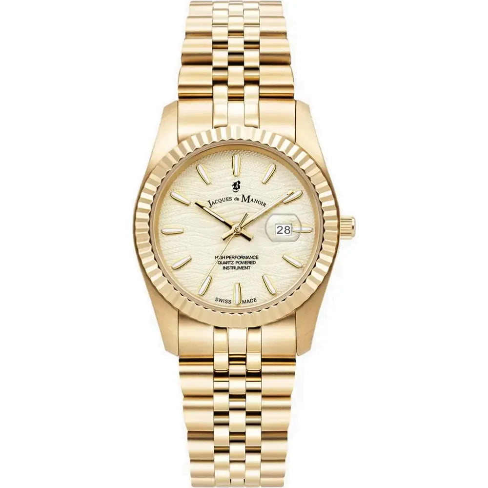 Reloj dorado con esfera clara, correa de eslabones y fecha en la posición de las tres.