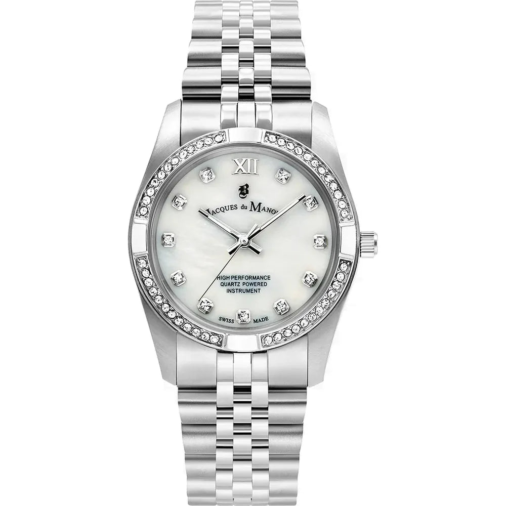 Reloj de acero inoxidable con esfera blanca, detalles en cristal y correa de eslabones.