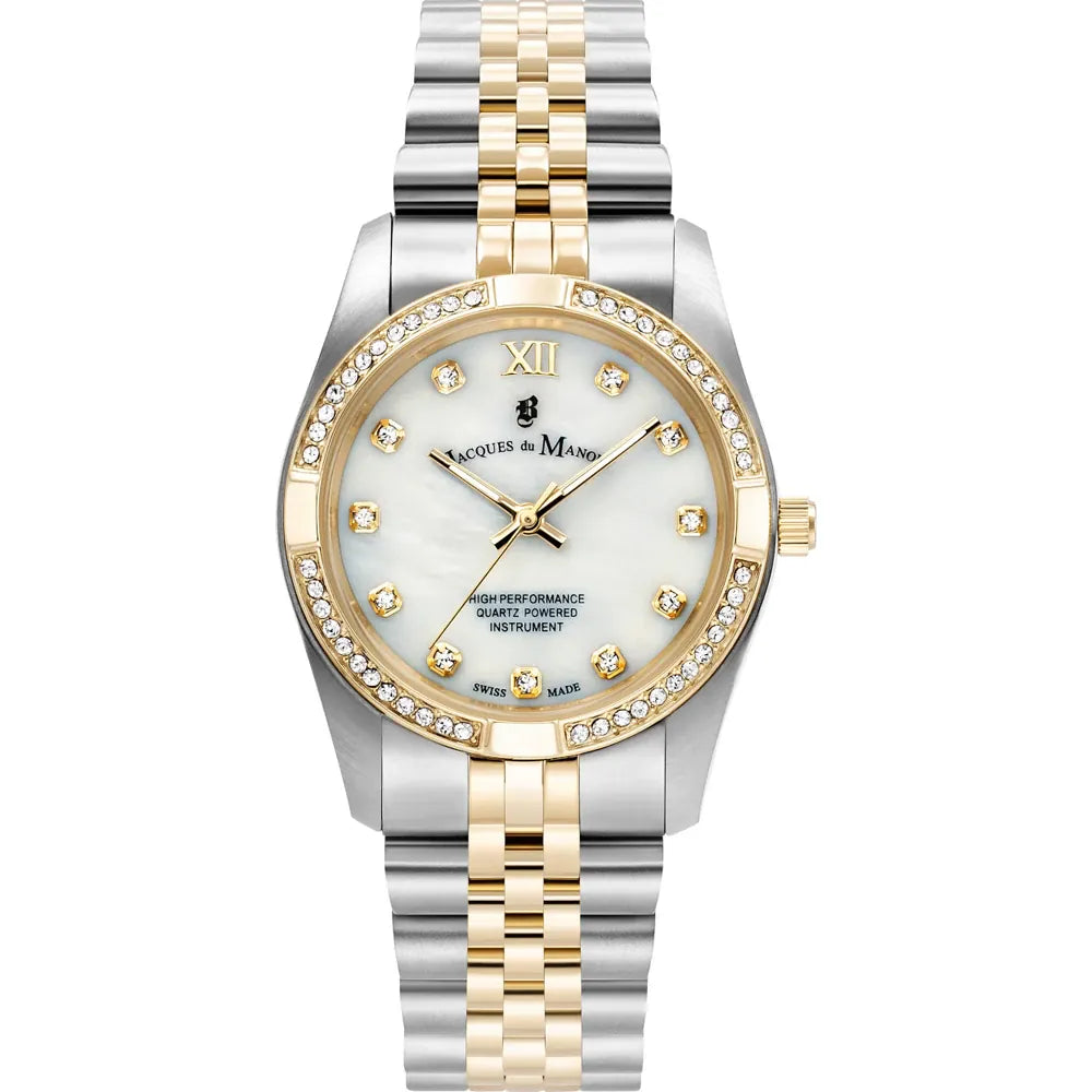 Reloj de acero inoxidable con esfera madreperla, detalles dorados y cristales en el bisel.
