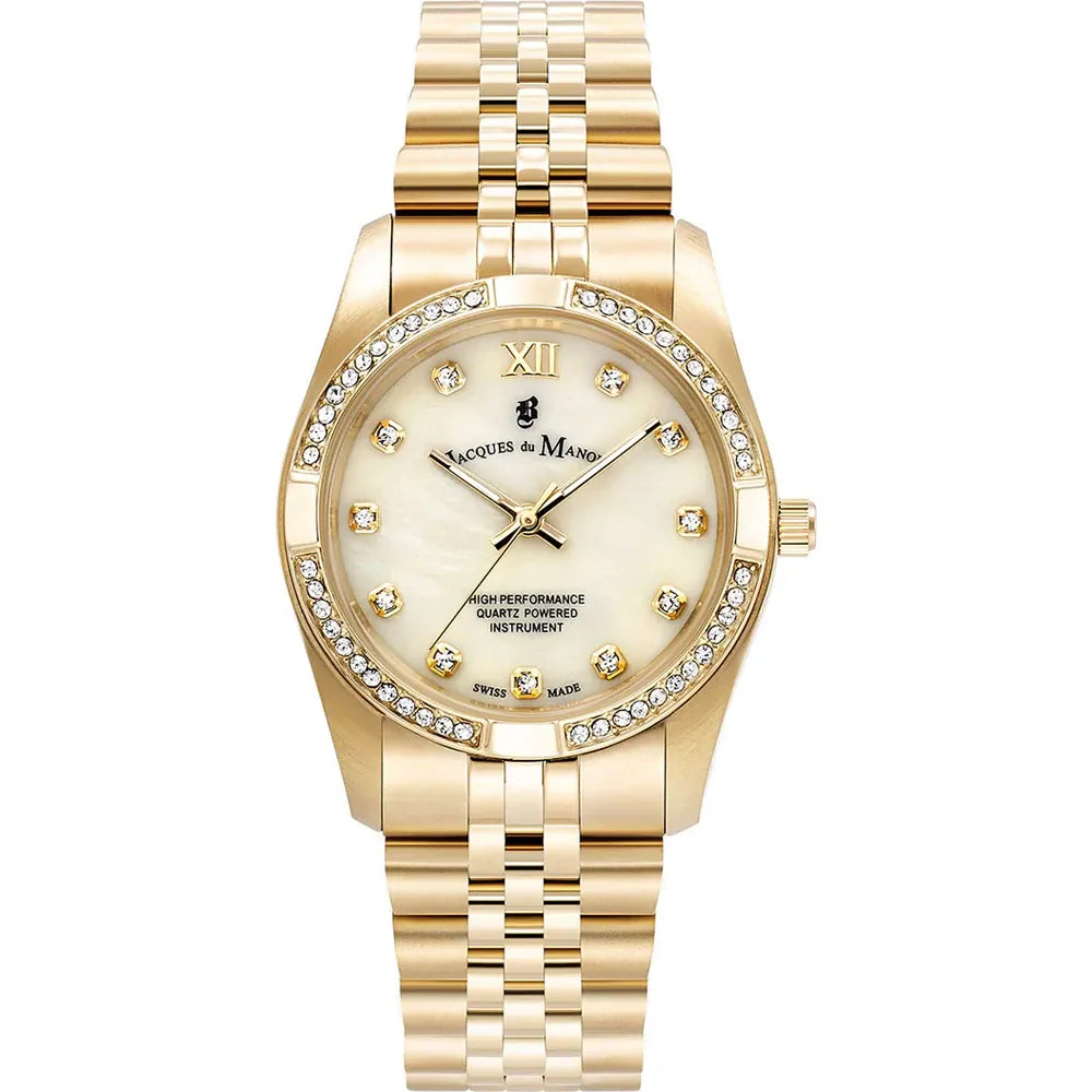 Reloj de acero dorado con esfera clara, detalles de cristales y correa de eslabones.