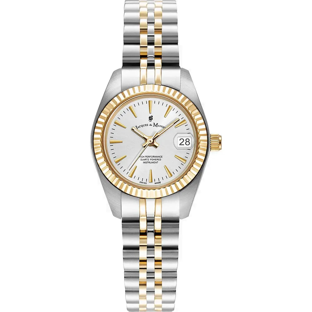 Reloj de acero inoxidable con esfera plateada, bisel dorado y pulsera bicolor.
