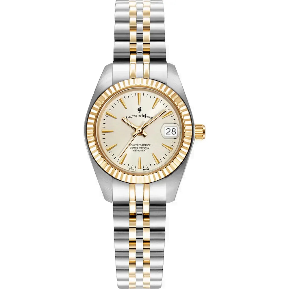 Reloj de acero inoxidable con detalles en oro, esfera plateada y correa de eslabones.