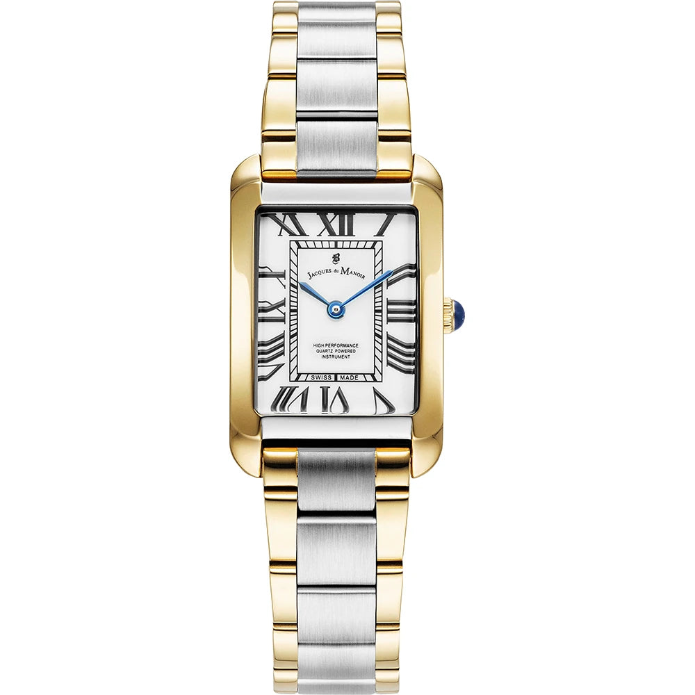 Reloj rectangular bicolor con caja dorada y plateada, esfera blanca y números romanos.