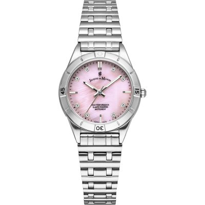 Reloj de acero inoxidable con esfera rosa y detalles brillantes, correa de malla.