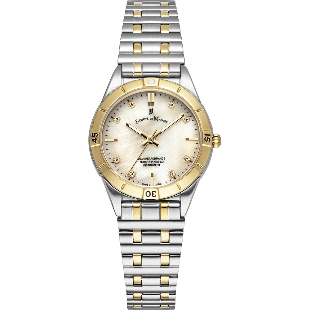 Reloj bicolor con esfera dorada y plateada, correa de acero inoxidable y detalles en oro.
