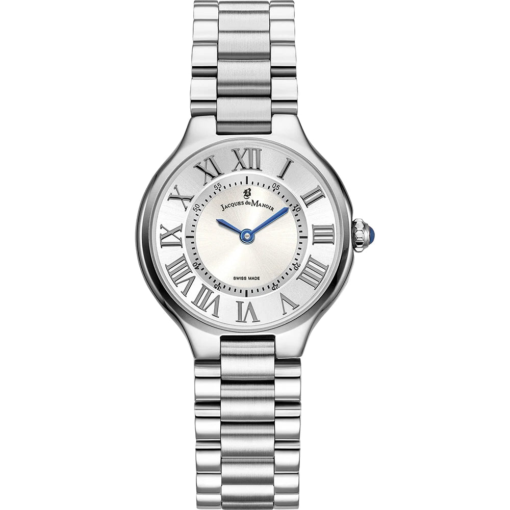 Reloj de acero inoxidable con esfera plateada y números romanos, correa de eslabones.