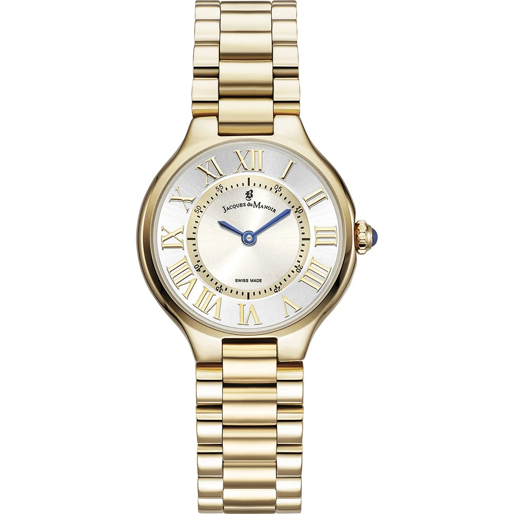 Reloj dorado con esfera blanca, números romanos y correa de eslabones.
