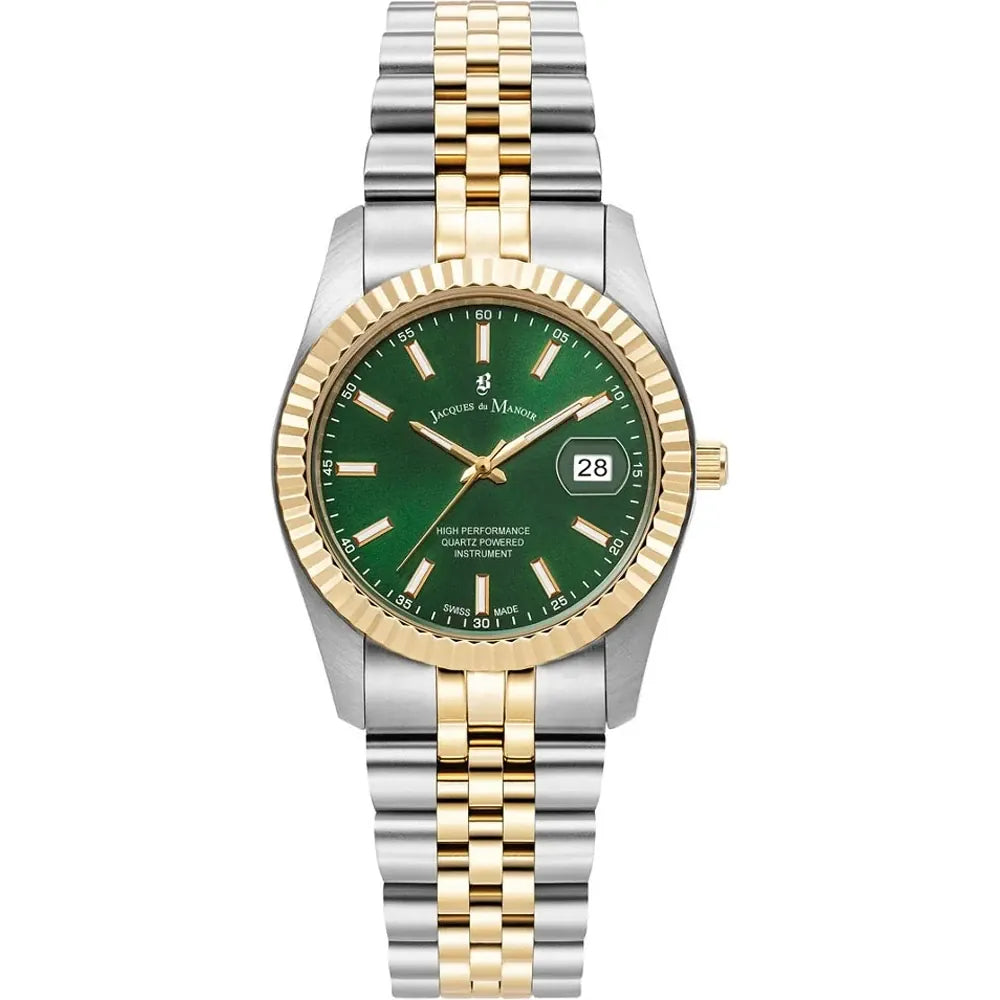 Reloj de acero inoxidable con esfera verde, bisel dorado y pulsera bicolor.