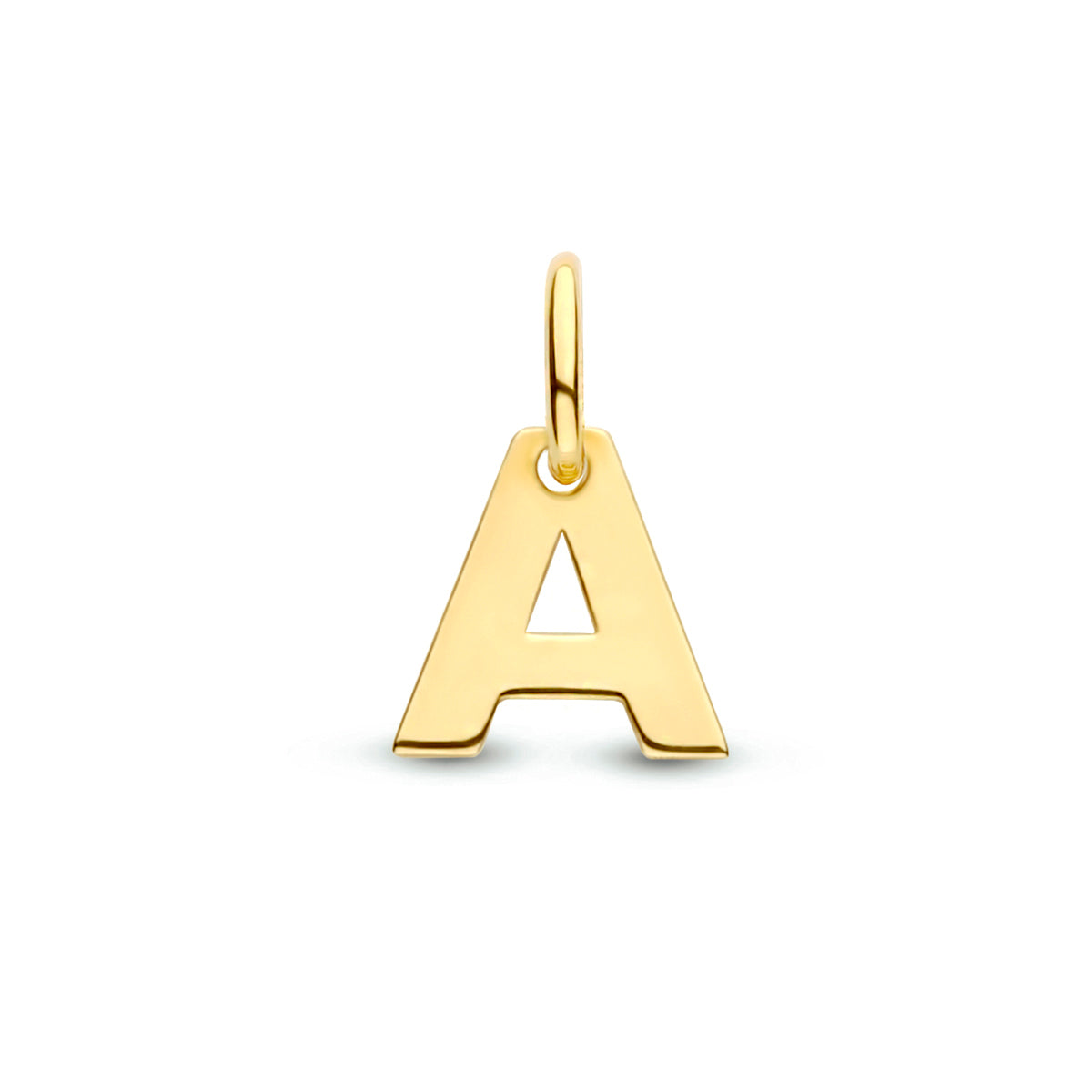 Colgante de letra "A" en oro amarillo de 9 quilates, con acabado brillante y forma estilizada.