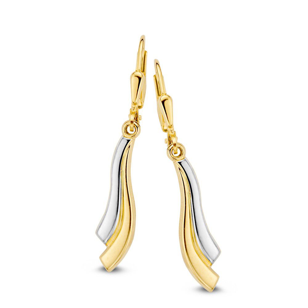 Pendientes de aro bicolor en oro blanco y amarillo de 14 quilates, con diseño elegante y sin piedras.