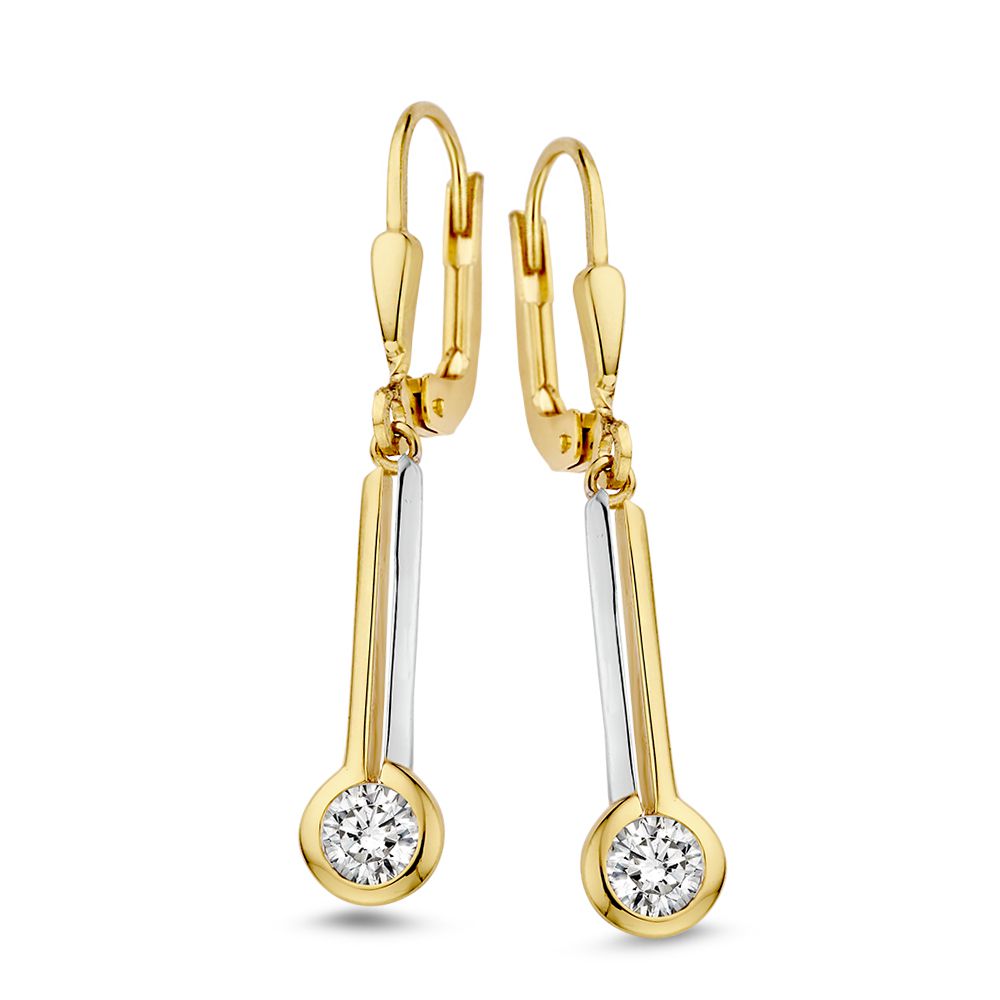 Pendientes largos bicolor con colgantes de circonitas en oro amarillo y blanco de 14 quilates.