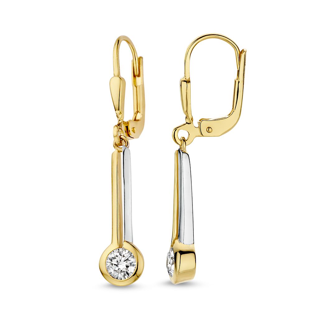 Pendientes de gancho bicolor juguetones con colgantes de circonita - 14 quilates oro amarillo/blanco
