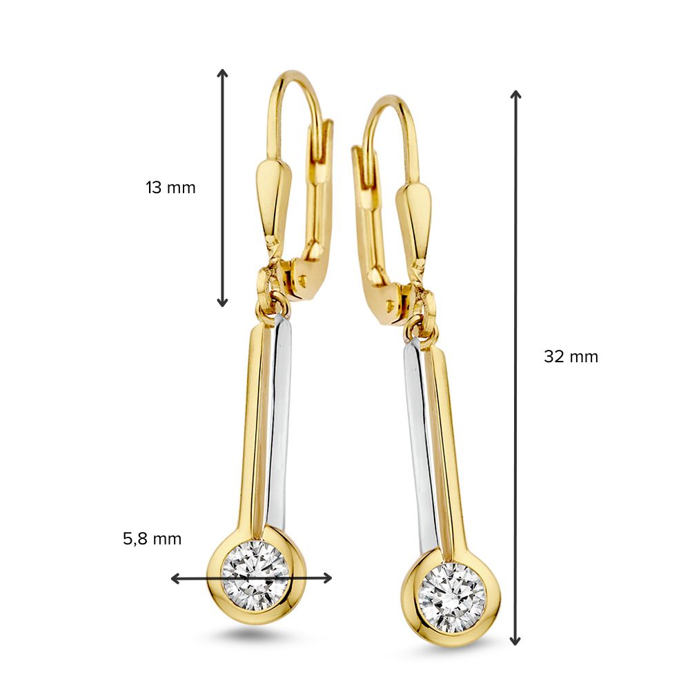 Pendientes de gancho bicolor juguetones con colgantes de circonita - 14 quilates oro amarillo/blanco