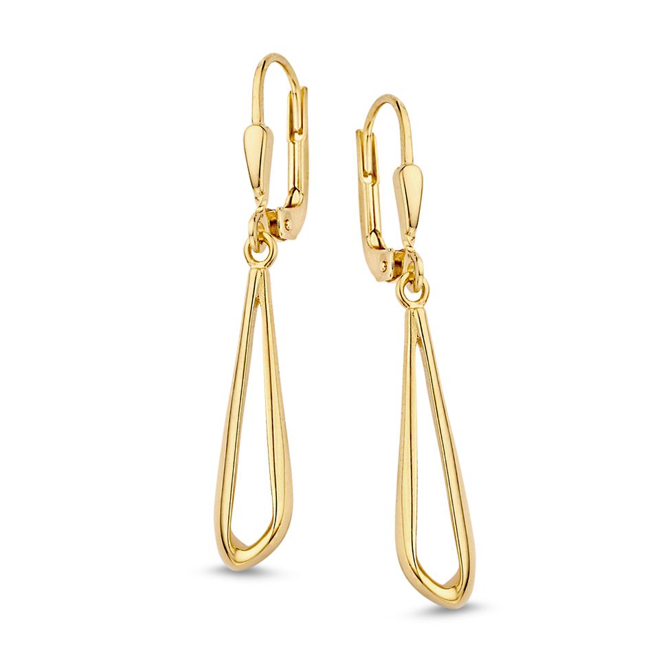 Pendientes largos de oro amarillo con colgantes en forma asimétrica de 14 quilates.