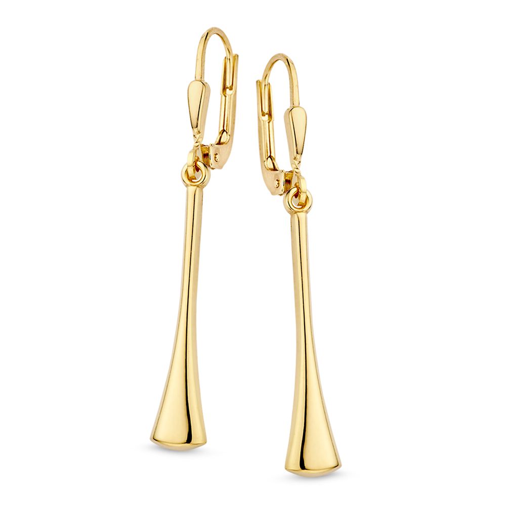 Pendientes largos de oro amarillo de 14 quilates con colgantes juguetones en forma alargada.