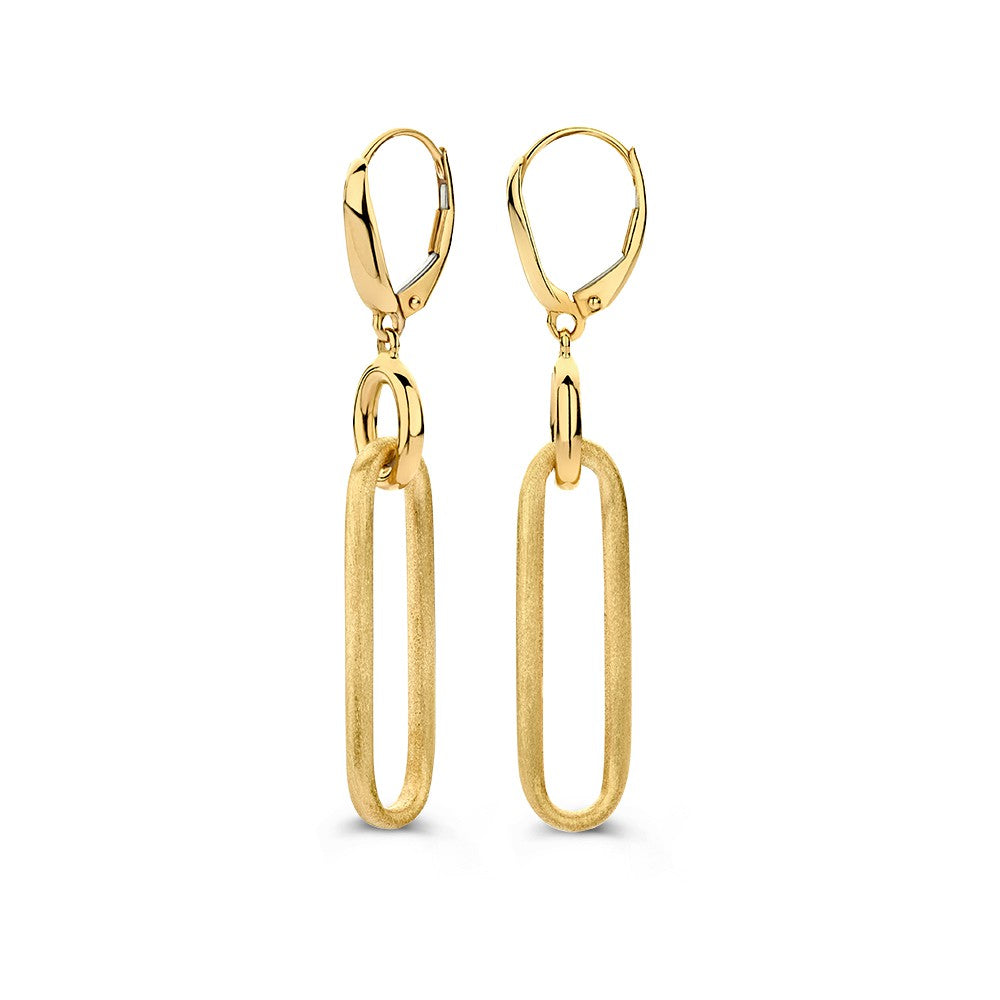 Pendientes largos de oro amarillo con elementos dorados mate, diseño moderno y elegante.