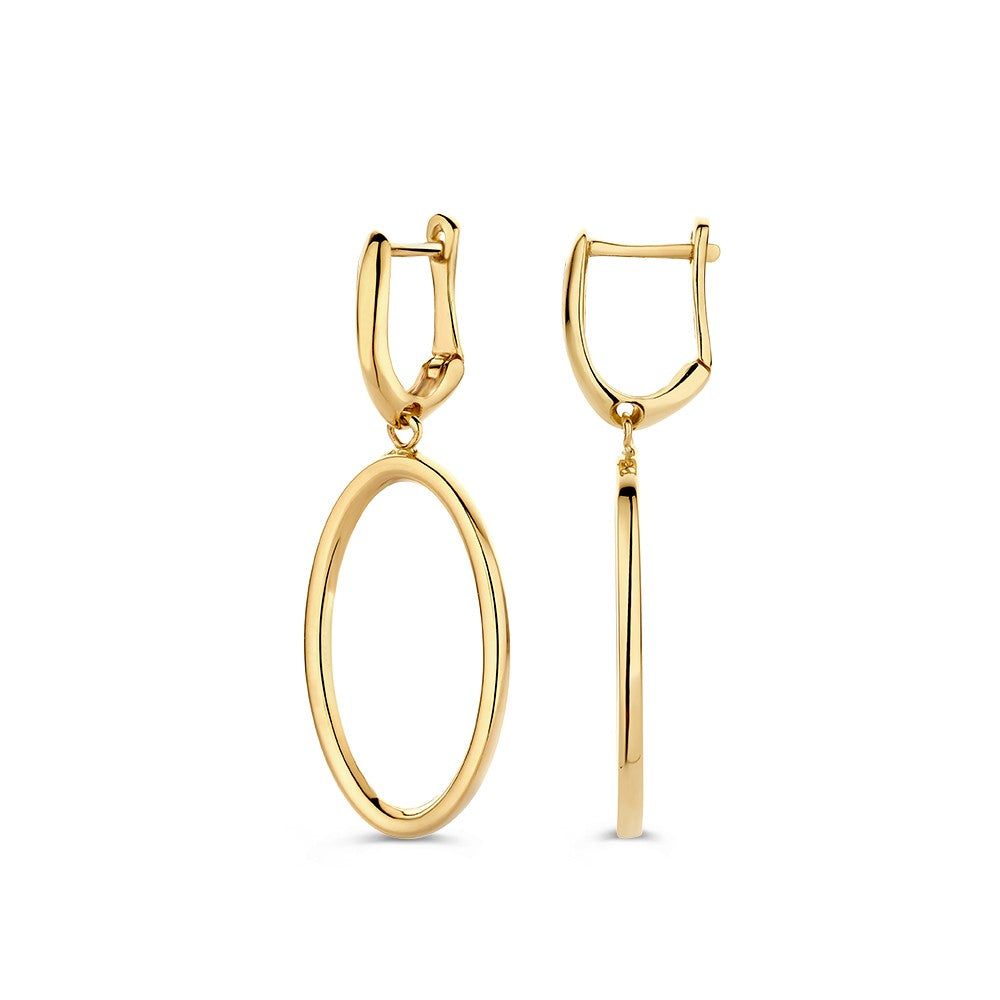 Aros de oro amarillo juguetones con colgantes abiertos – 14 quilates de oro, pendientes elegantes de declaración