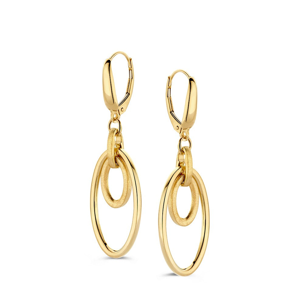 Pendientes largos de oro amarillo de 14 quilates con colgantes abiertos en forma de aros.