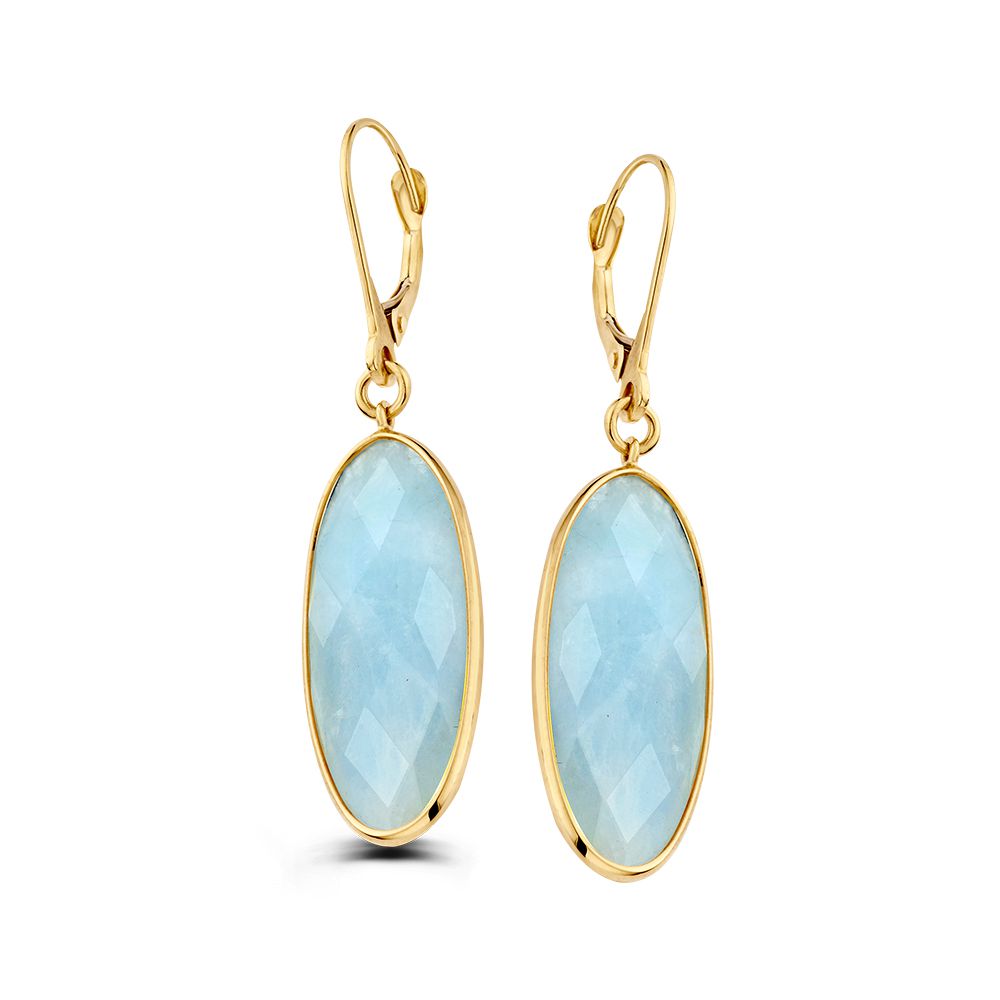 Pendientes largos de oro amarillo con ópalos ovalados de aquamarina, 14 quilates, 44 mm.