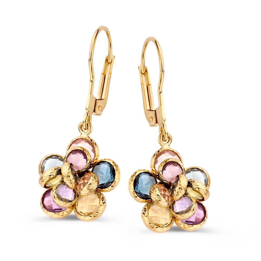 Pendientes largos de oro amarillo con forma de flor, adornados con piedras de color amatista, topacio, cuarzo rosa y amatista verde.